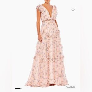 Mac Duggal Floral Ruffled Cap-Sleeve Gown